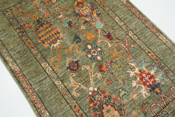 2x3 Green Afghan Waziri Floral Hand Knotted Rug - Yildiz Rugs