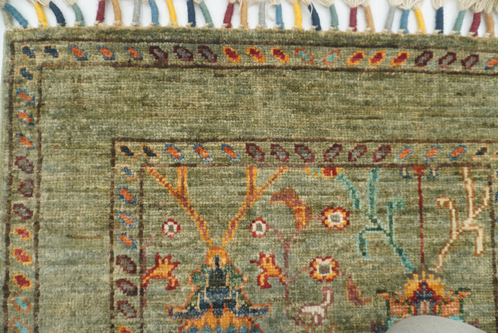 2x3 Green Afghan Waziri Floral Hand Knotted Rug - Yildiz Rugs