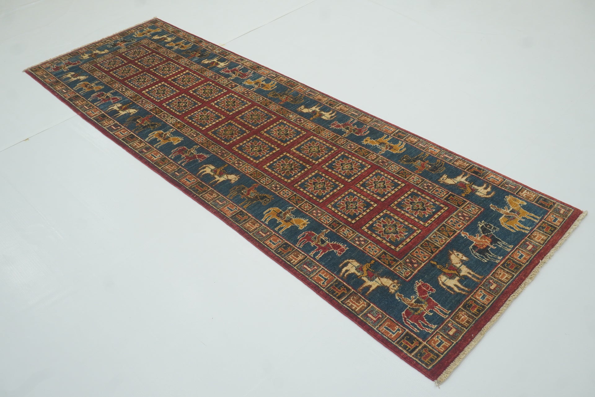 9 ft Pazyryk Red Blue Afghan Wool Tribal Runner Rug - Yildiz Rugs