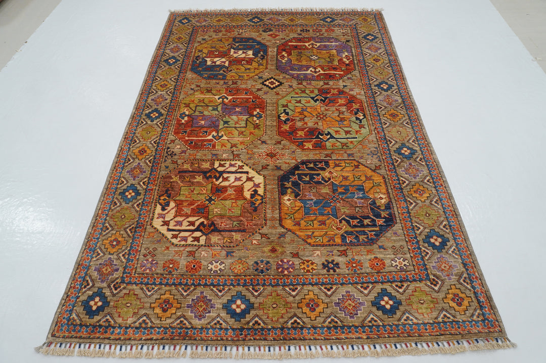 5x7 Taupe Beige Ersari Turkmen Afghan hand knotted Tribal Rug - Yildiz Rugs