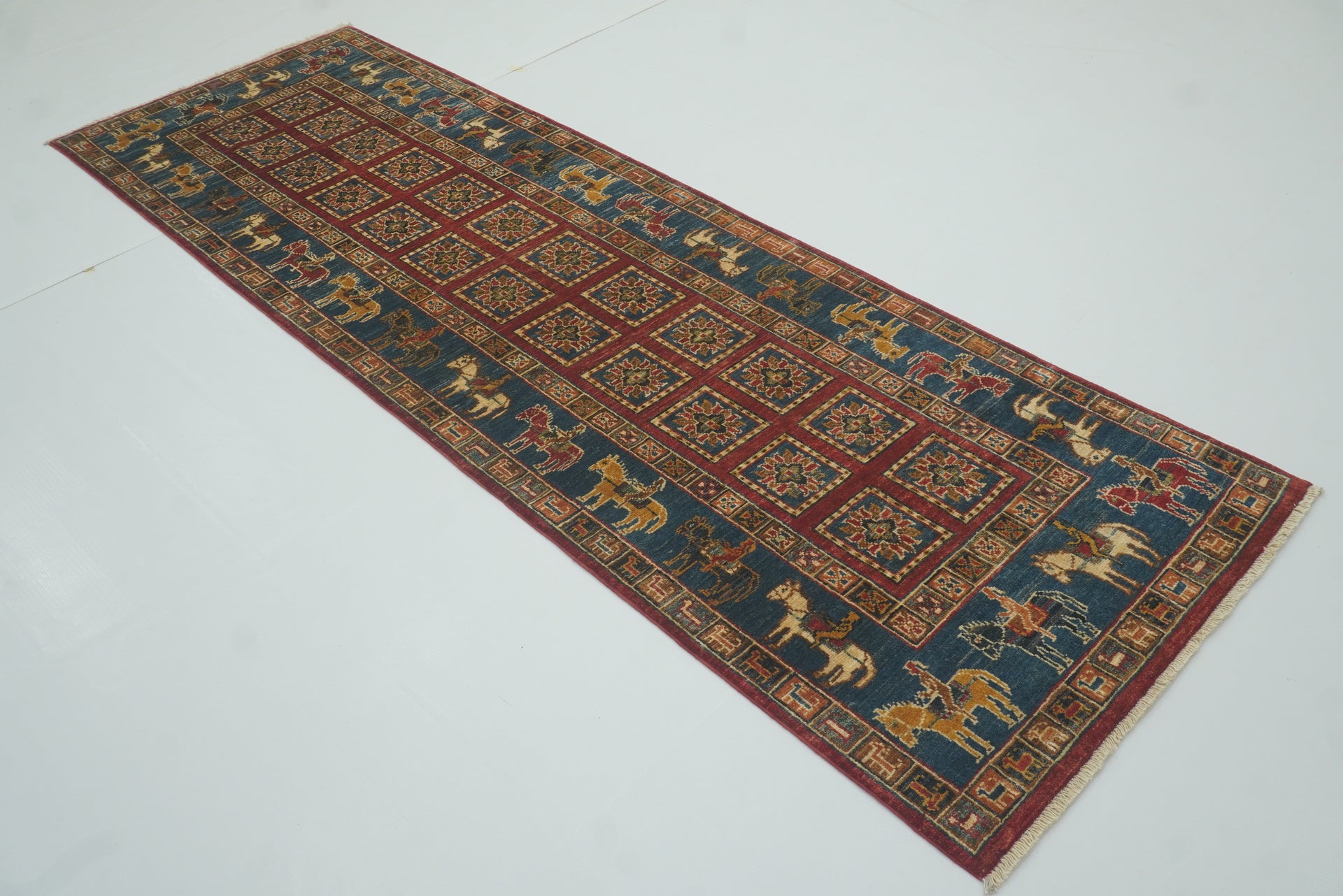 9 ft Pazyryk Red Blue Afghan Wool Tribal Runner Rug - Yildiz Rugs