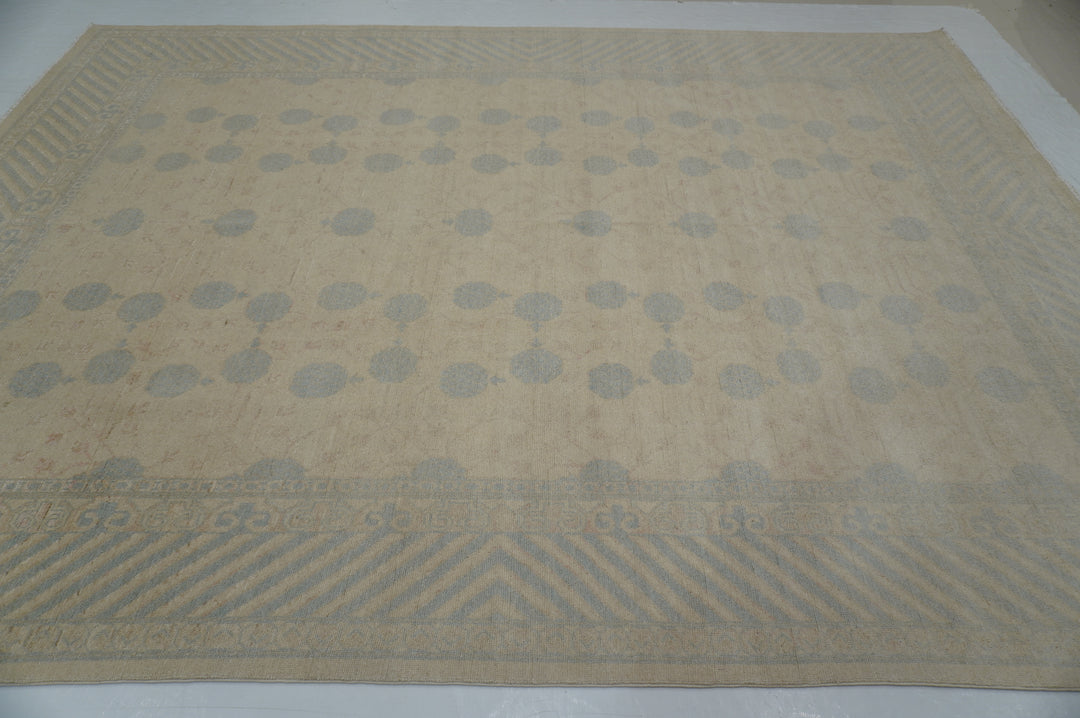 9x12 Beige Vintage Khotan Afghan Hand knotted geometric Rug - Yildiz Rugs