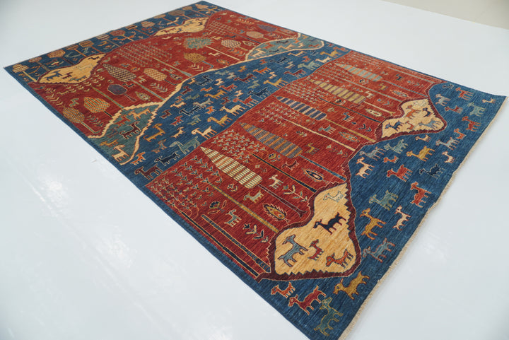 7x10 Red Blue Gabbeh Tree of Life Afghan Hand-Knotted Rug - Yildiz Rugs
