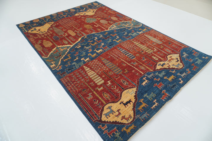7x10 Red Blue Gabbeh Tree of Life Afghan Hand-Knotted Rug - Yildiz Rugs