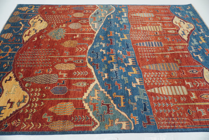 7x10 Red Blue Gabbeh Tree of Life Afghan Hand-Knotted Rug - Yildiz Rugs