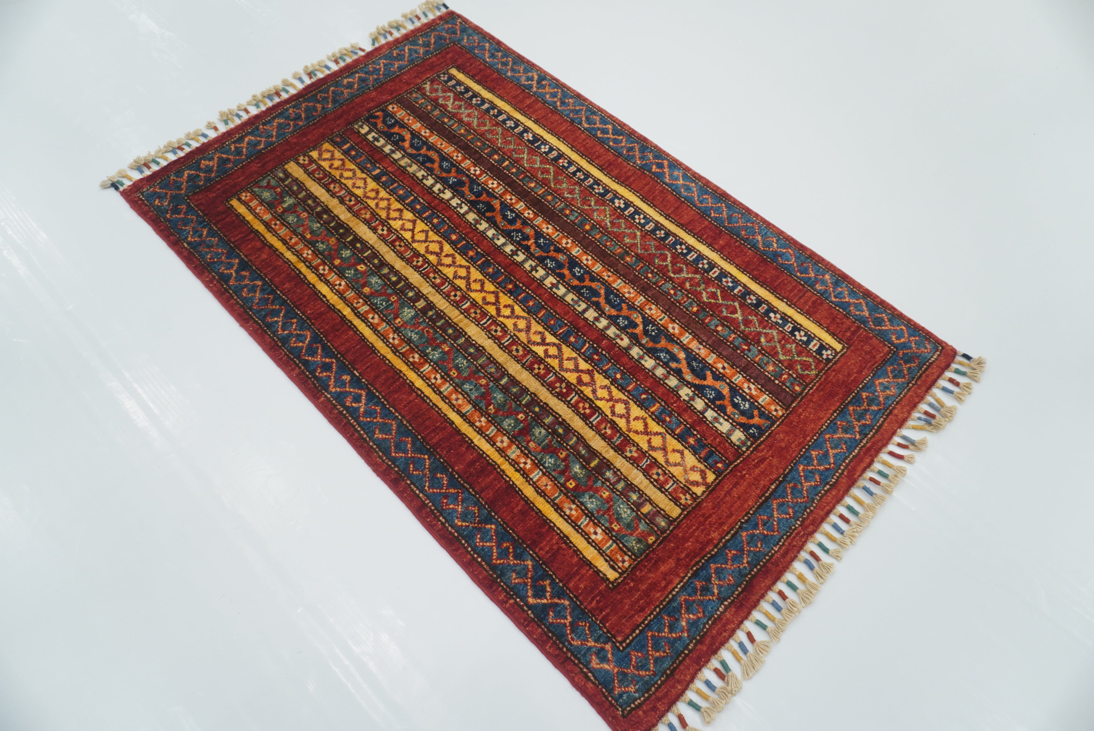 3x4 Red Turkish Striped Shawl Hand knotted Wool Rug - Yildiz Rugs