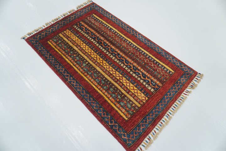 3x4 Red Turkish Striped Shawl Hand knotted Wool Rug - Yildiz Rugs