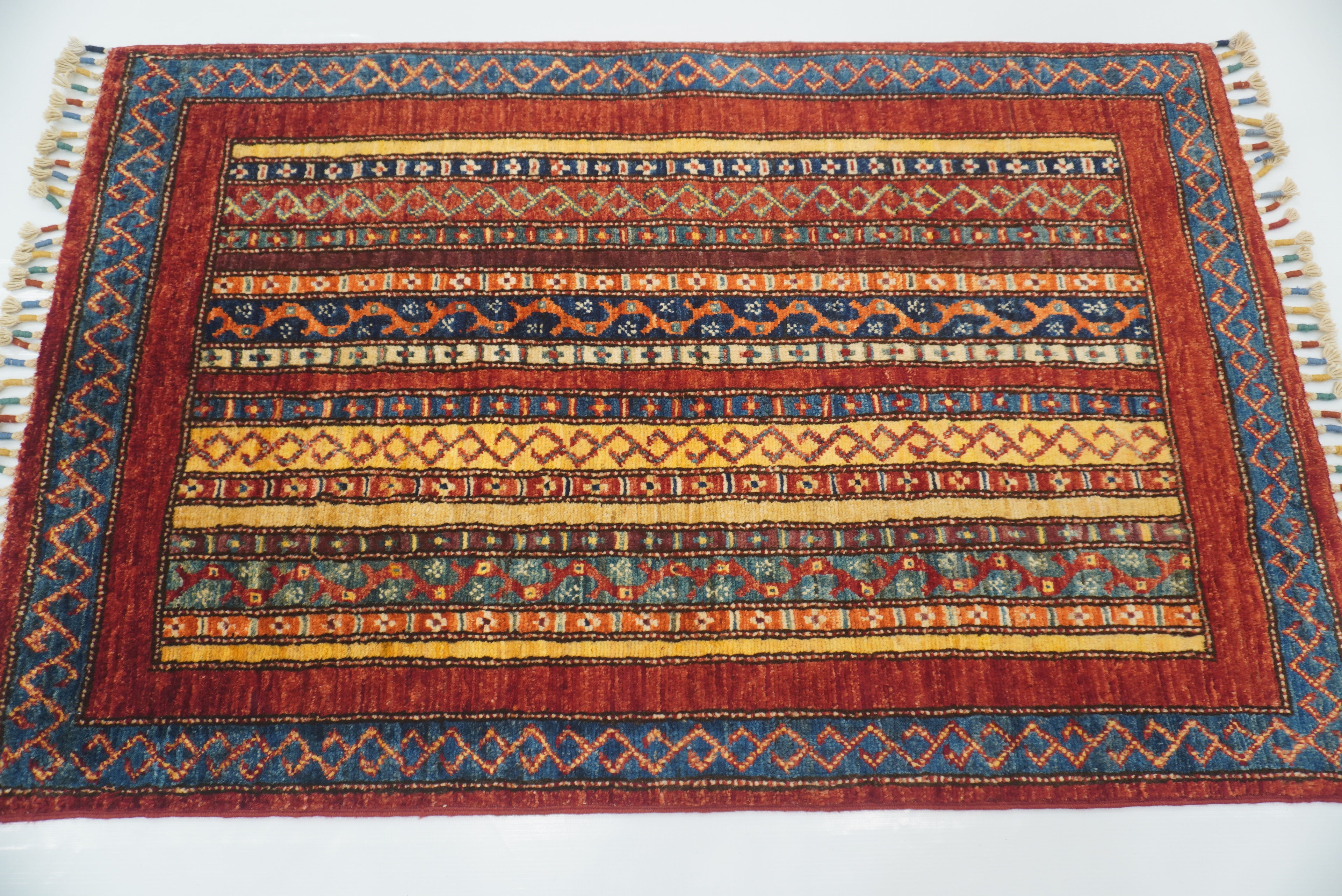 3x4 Red Turkish Striped Shawl Hand knotted Wool Rug - Yildiz Rugs