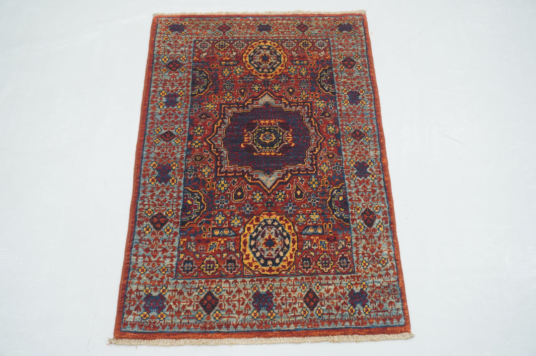 2x3 Rusty Red Turkish Mamluk Hand knotted Medallion Accent Rug