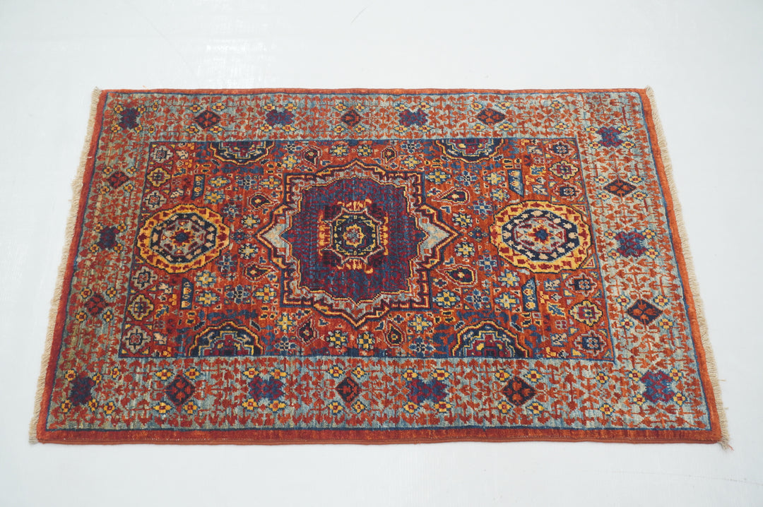 2x3 Rusty Red Turkish Mamluk Hand knotted Medallion Accent Rug