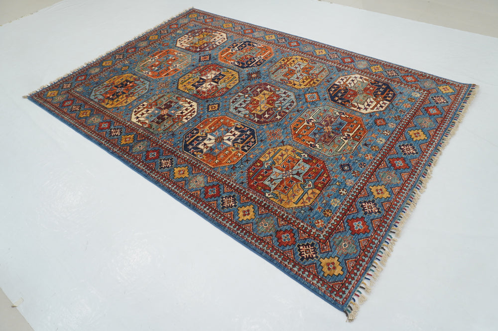 6x8 Blue Ersari Turkmen Afghan hand knotted Rug - Yildiz Rugs