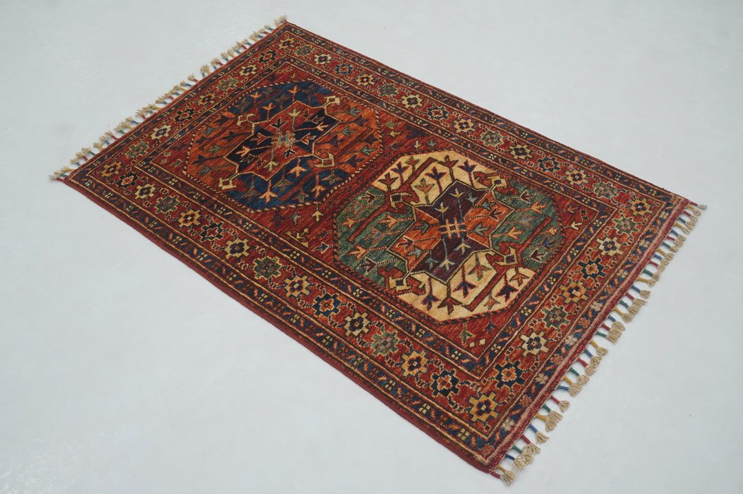 3x4 Red Ersari Afghan Hand knotted Oriental Rug