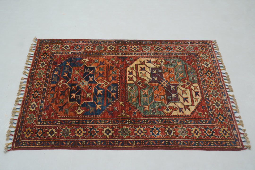 3x4 Red Ersari Afghan Hand knotted Oriental Rug