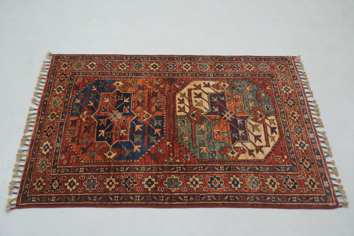 3x4 Red Ersari Afghan Hand knotted Oriental Rug