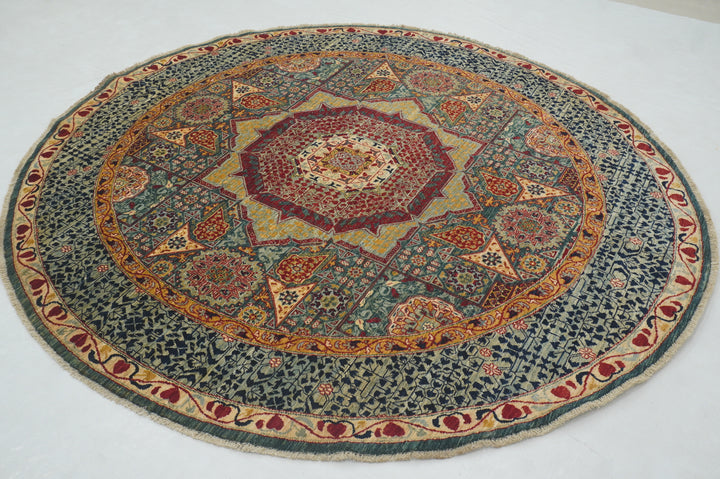 6x6 Green Round Mamluk Hand knotted Afghan Circle Medallion Rug