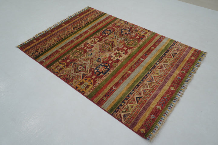 4x6 Red Green Striped Afghan Hand knotted Tribal Rug