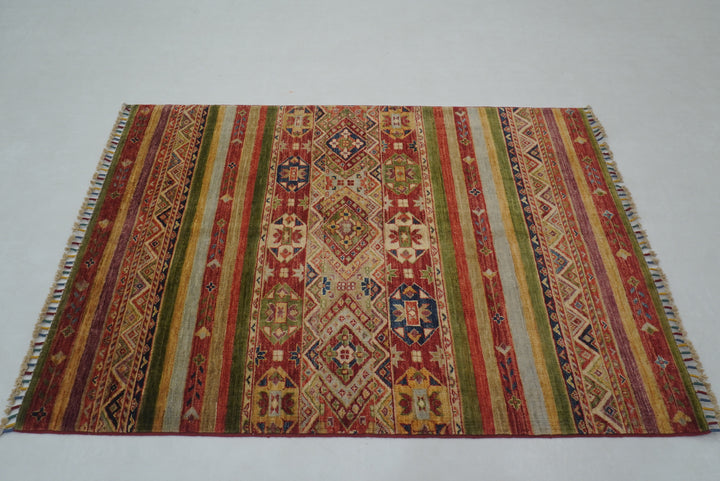 4x6 Red Green Striped Afghan Hand knotted Tribal Rug