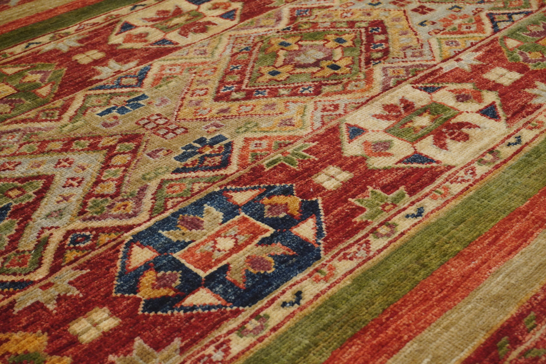 4x6 Red Green Striped Afghan Hand knotted Tribal Rug