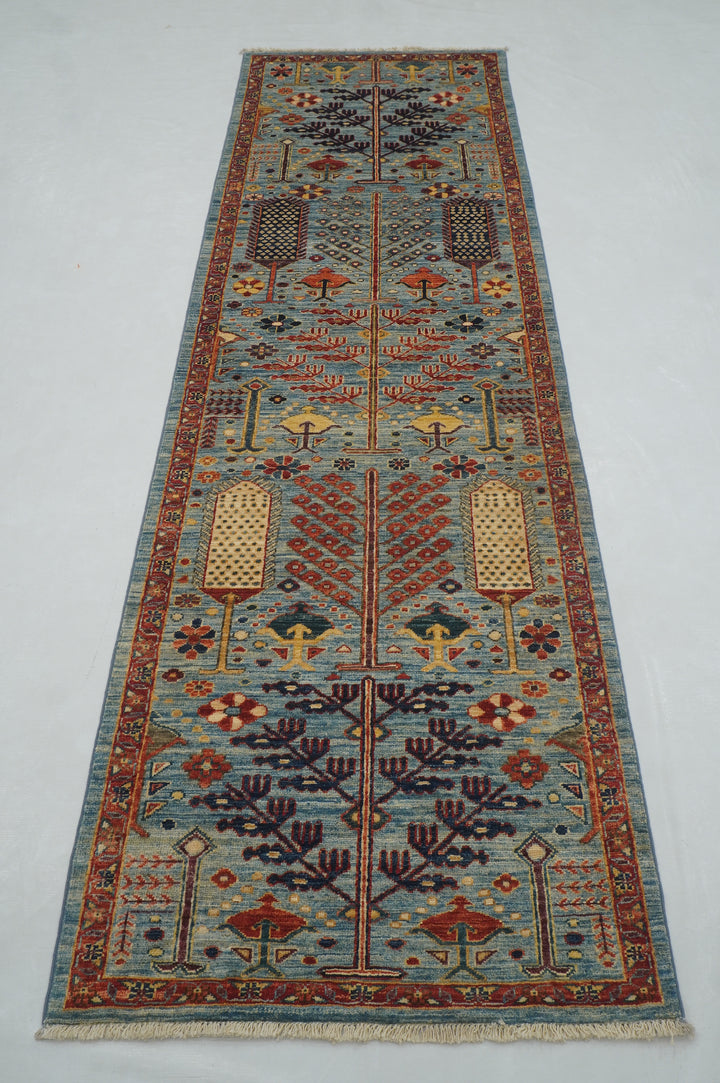 9 ft Blue Bakhshaish Afghan hand knotted Tribal Tree of Life Runner Rug