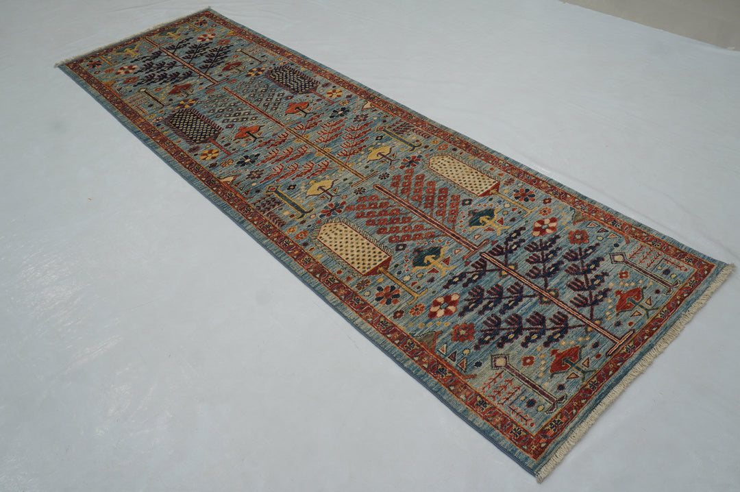 9 ft Blue Bakhshaish Afghan hand knotted Tribal Tree of Life Runner Rug