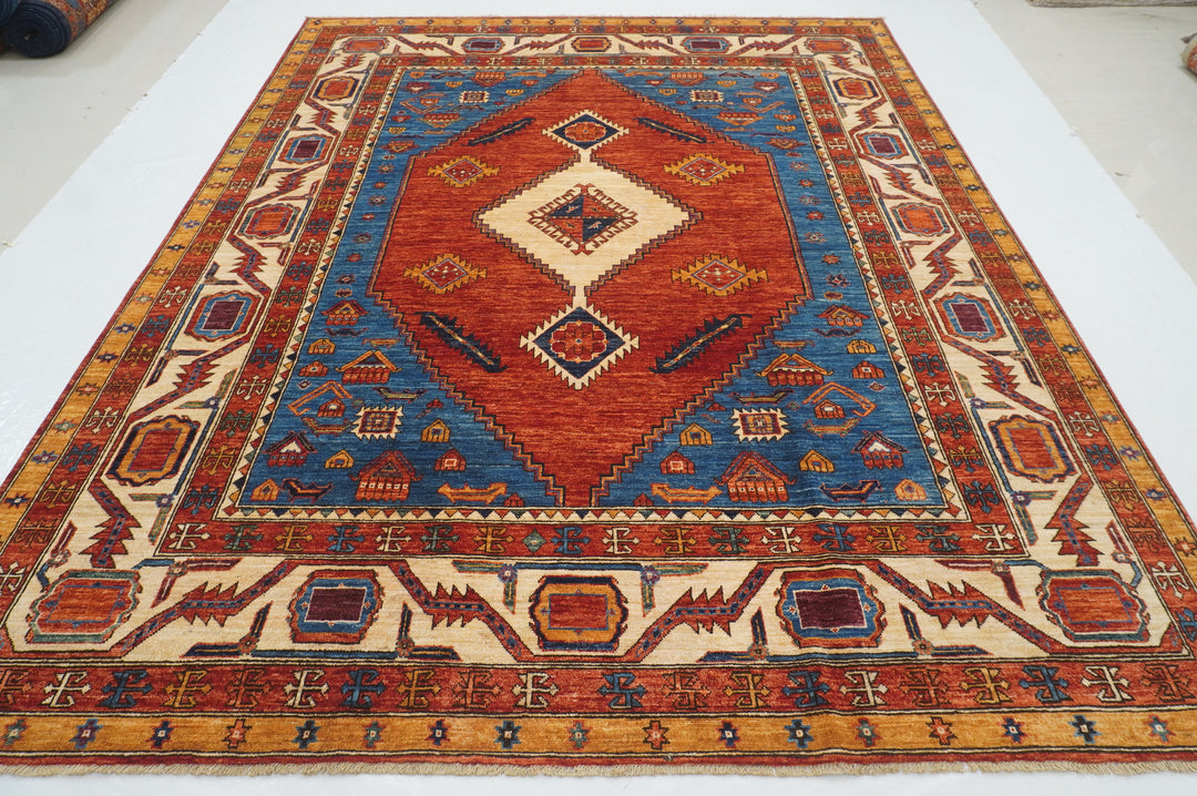 8x10 Red Blue Serapi Afghan Hand knotted Medallion Oriental Rug