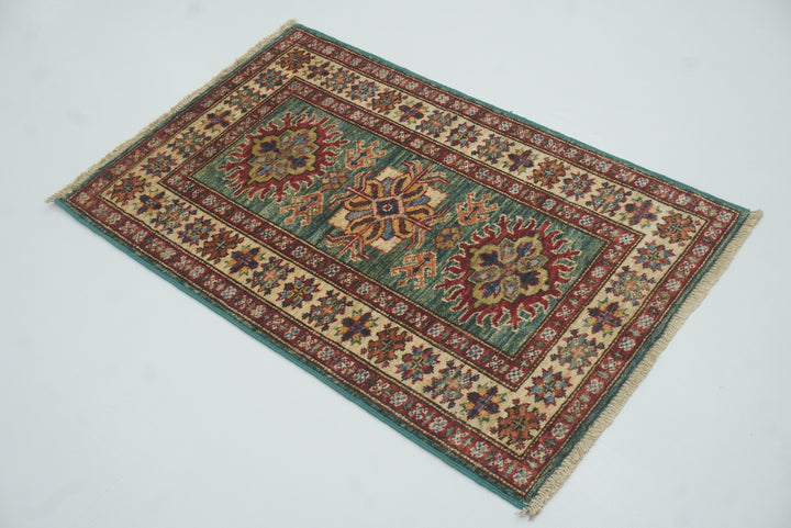 2x3 Green Kazak Hand-Knotted Afghan Small Rug - Yildiz Rugs
