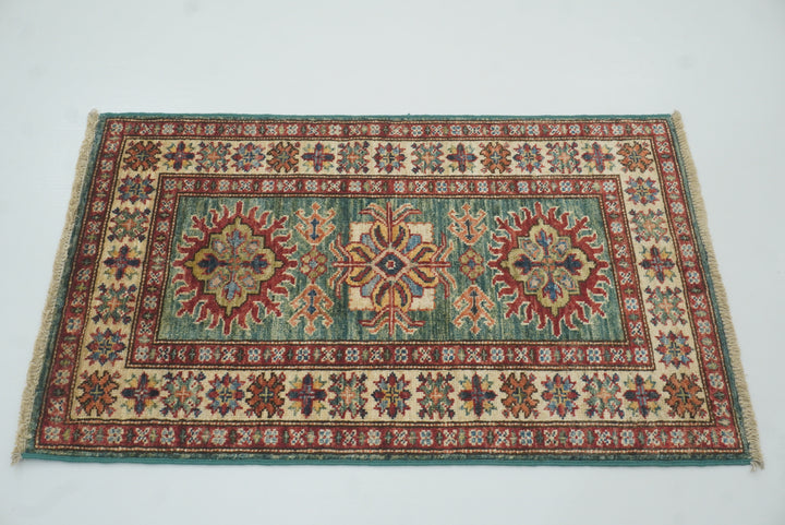 2x3 Green Kazak Hand-Knotted Afghan Small Rug - Yildiz Rugs