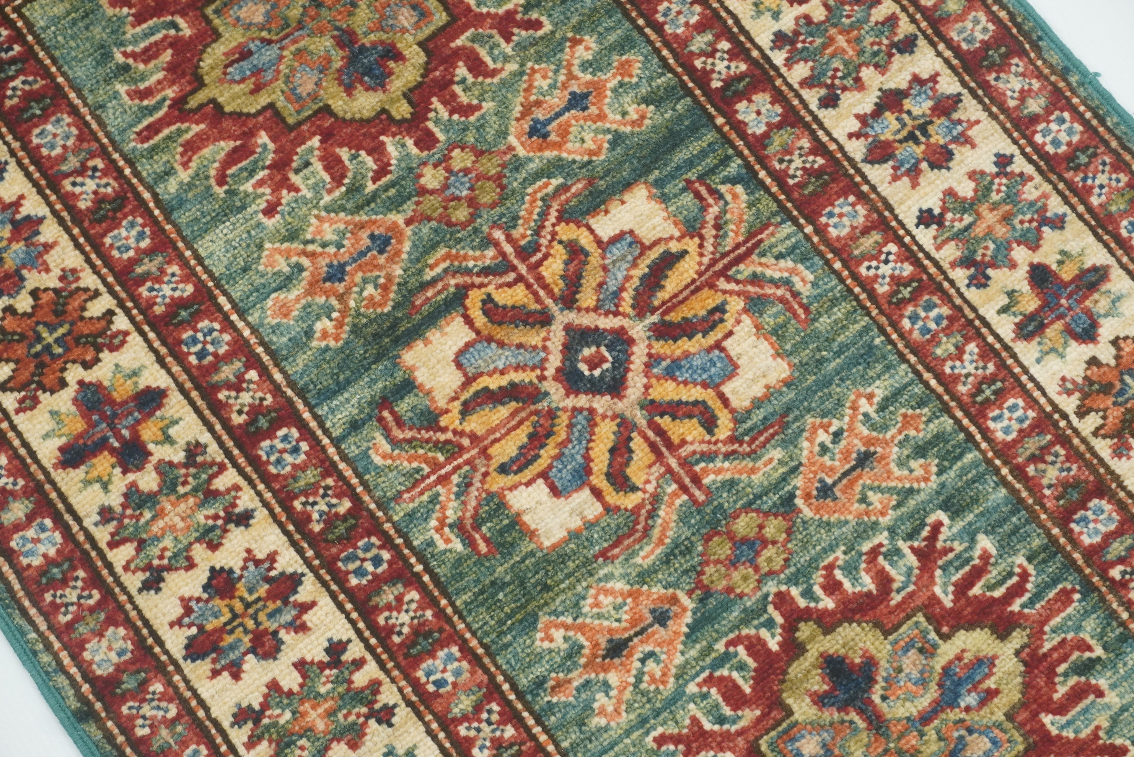 2x3 Green Kazak Hand-Knotted Afghan Small Rug - Yildiz Rugs