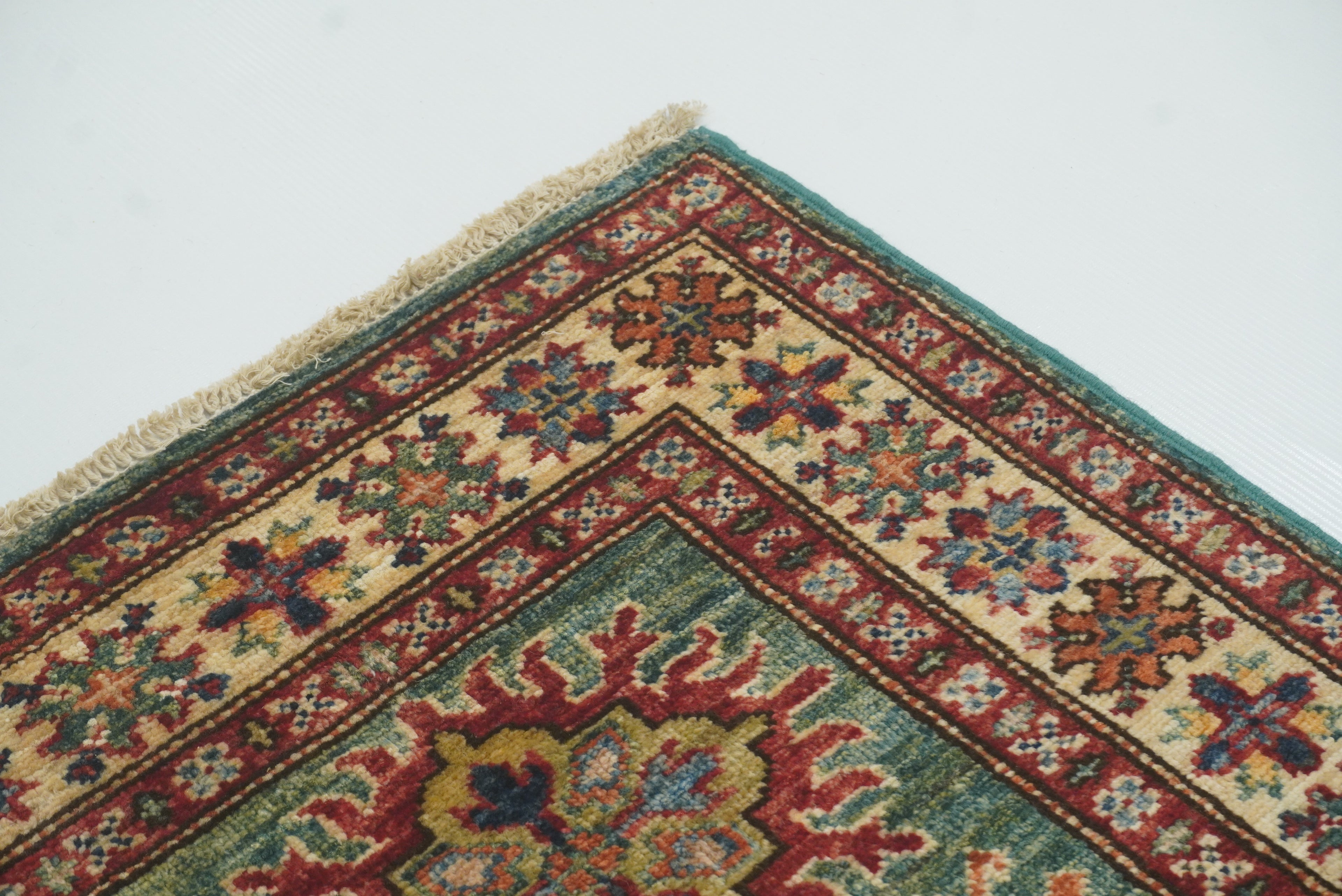 2x3 Green Kazak Hand-Knotted Afghan Small Rug - Yildiz Rugs