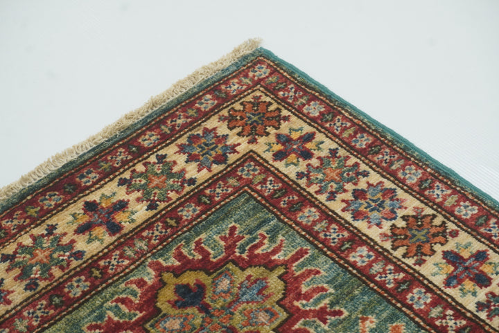 2x3 Green Kazak Hand-Knotted Afghan Small Rug - Yildiz Rugs