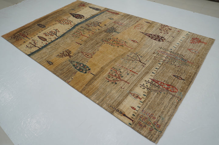 6x9 Tan Beige Brown Gabbeh Tribal Landscape Afghan Hand knotted Rug - Yildiz Rugs