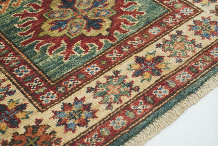 2x3 Green Kazak Hand-Knotted Afghan Small Rug - Yildiz Rugs