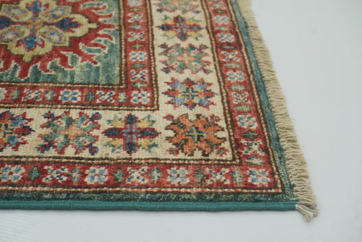 2x3 Green Kazak Hand-Knotted Afghan Small Rug - Yildiz Rugs