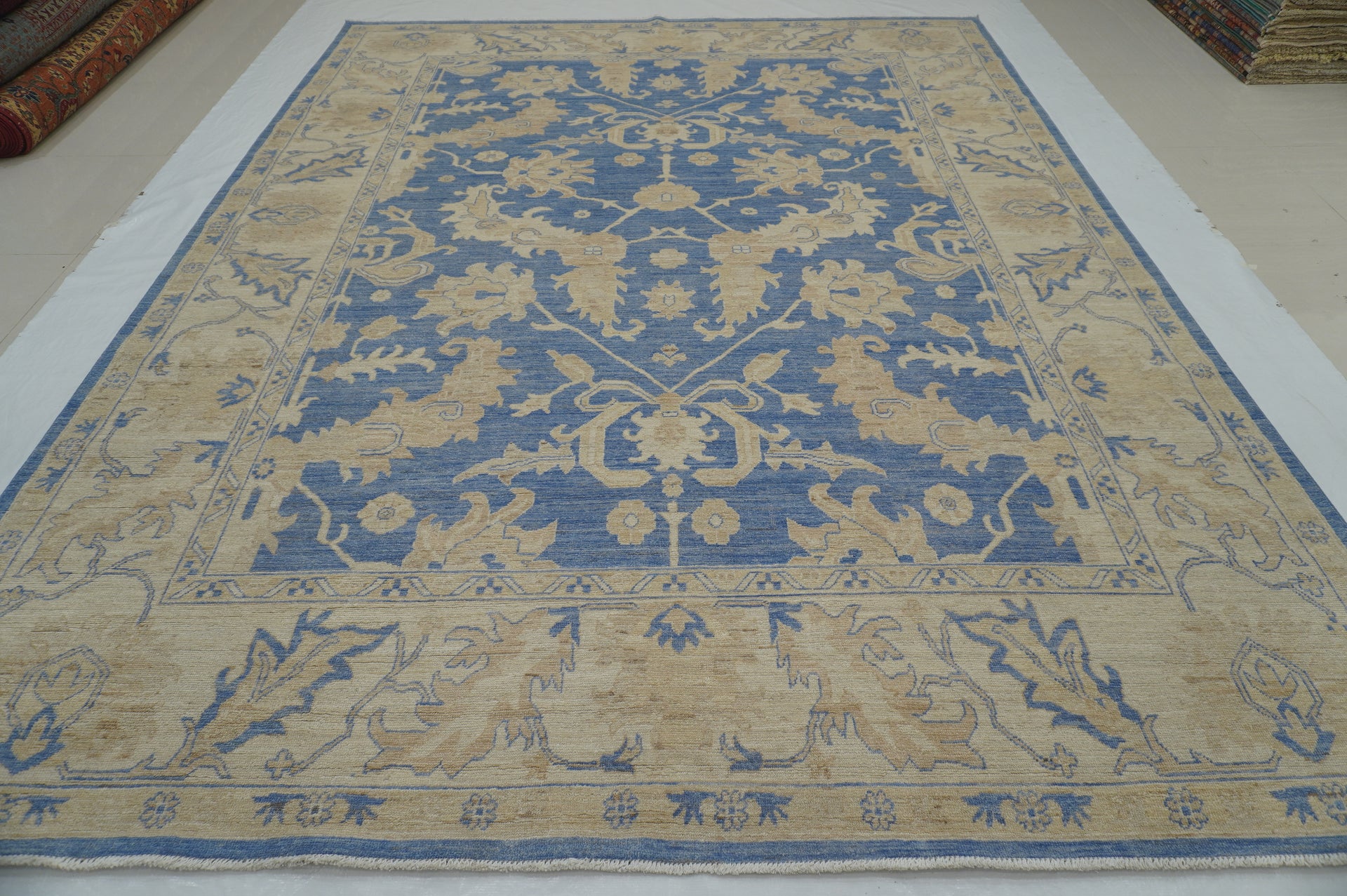8'10 x 11'5 ft Vintage Khotan Blue Beige Afghan Hand knotted Rug - Yildiz Rugs