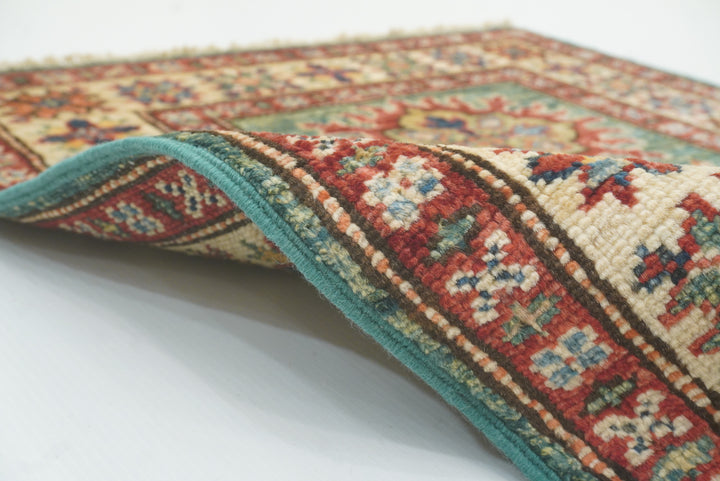 2x3 Green Kazak Hand-Knotted Afghan Small Rug - Yildiz Rugs