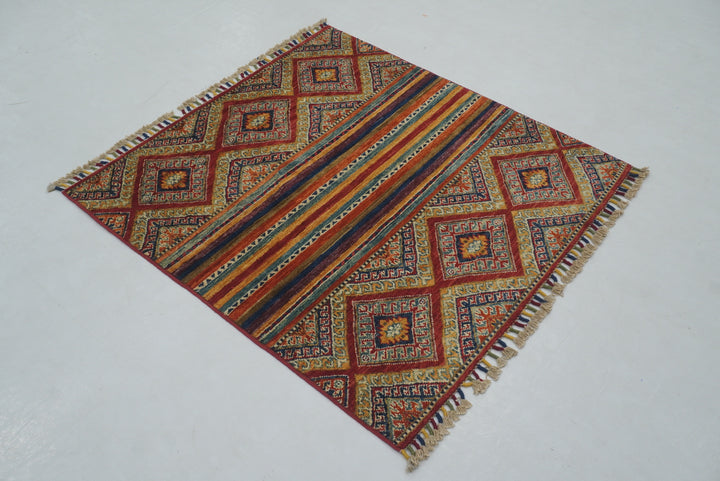 3x3 Red Tribal Afghan Hand knotted Square Rug