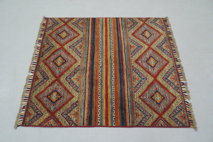 3x3 Red Tribal Afghan Hand knotted Square Rug