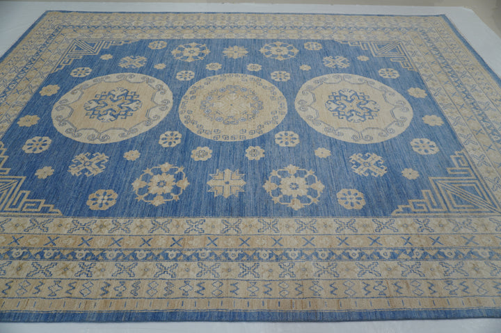 9x12 Blue Beige Vintage Khotan Afghan Hand knotted Rug