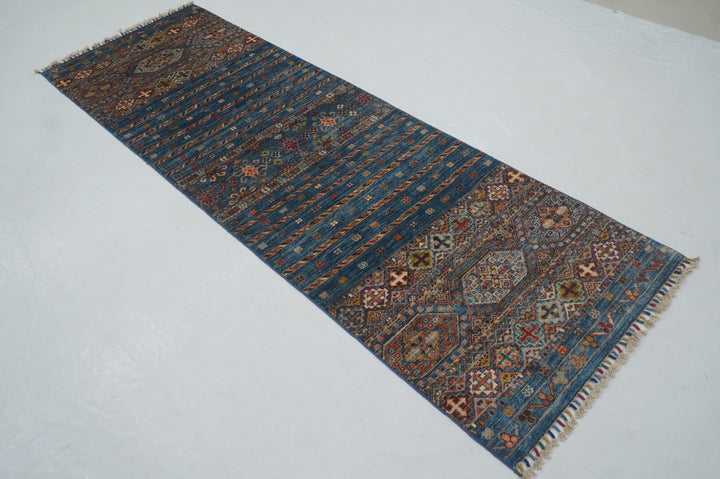 8 ft Blue Tribal  Afghan Hand knotted Runner Rug