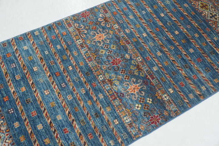 8 ft Blue Tribal  Afghan Hand knotted Runner Rug