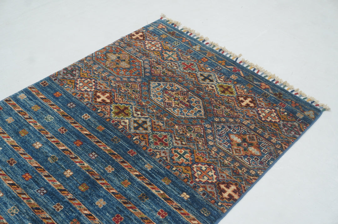 8 ft Blue Tribal  Afghan Hand knotted Runner Rug