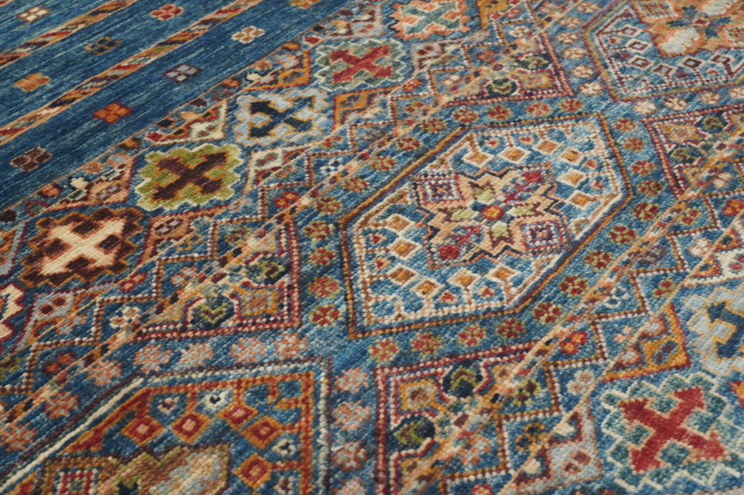 8 ft Blue Tribal  Afghan Hand knotted Runner Rug