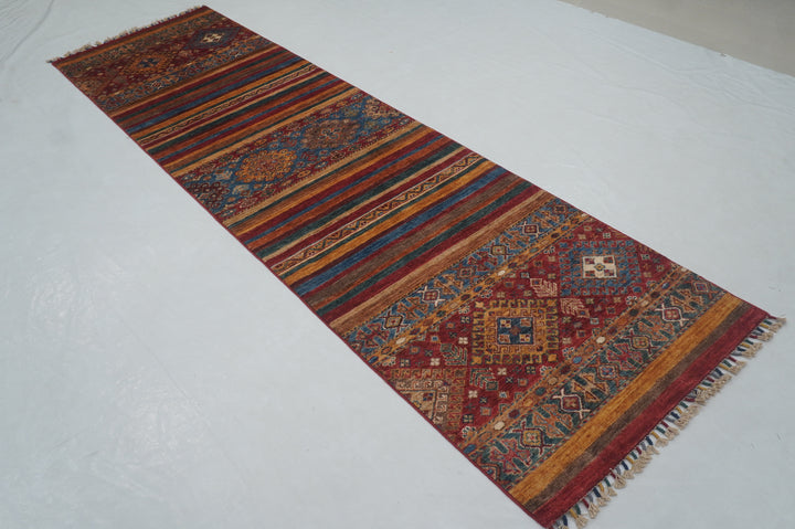 10 Ft Red Tribal Striped Pattern Geometric Runner Rug