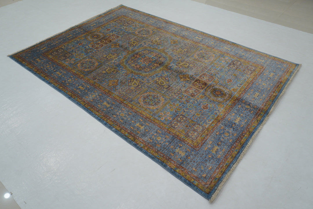 6x8 Blue Mamluk Turkish Hand Knotted Geometric Medallion Rug