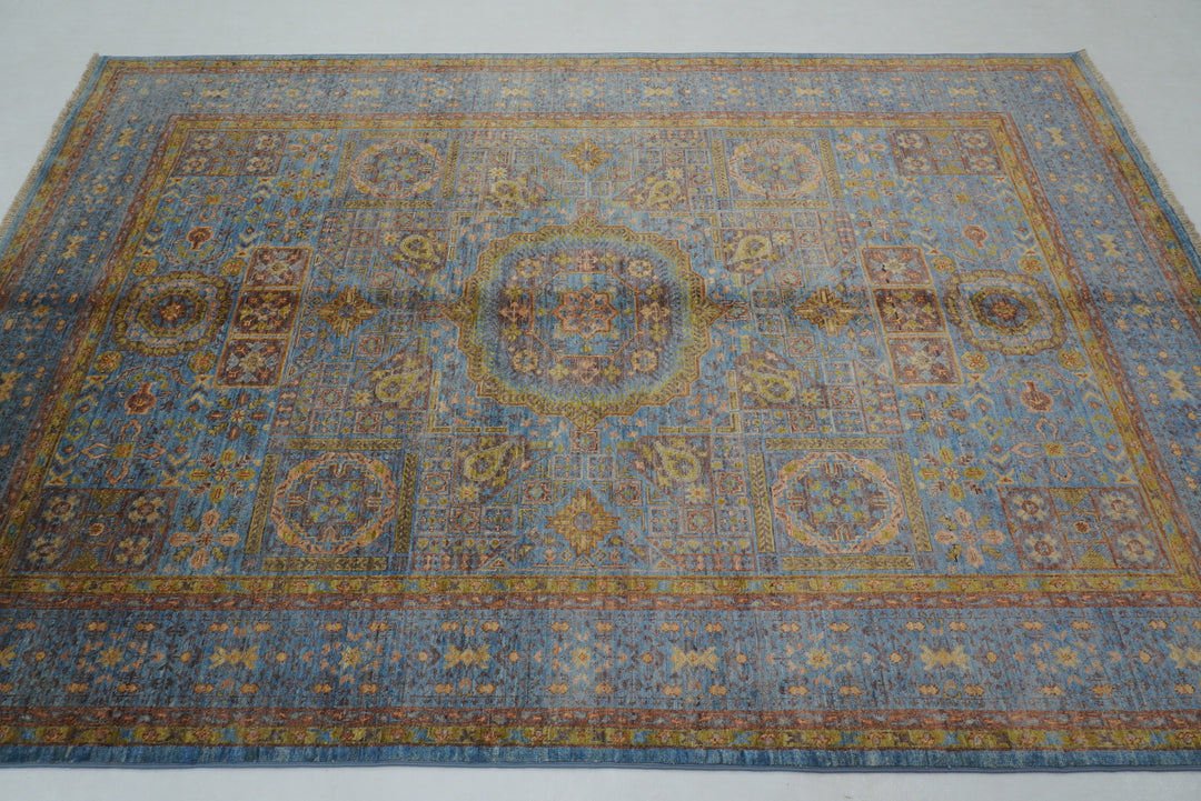 6x8 Blue Mamluk Turkish Hand Knotted Geometric Medallion Rug