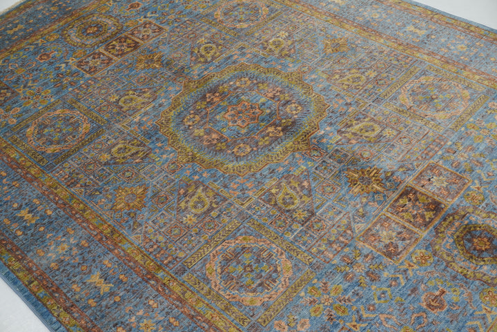 6x8 Blue Mamluk Turkish Hand Knotted Geometric Medallion Rug