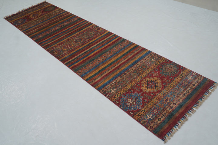 10 Ft Red Tribal Striped Pattern Geometric Runner Rug