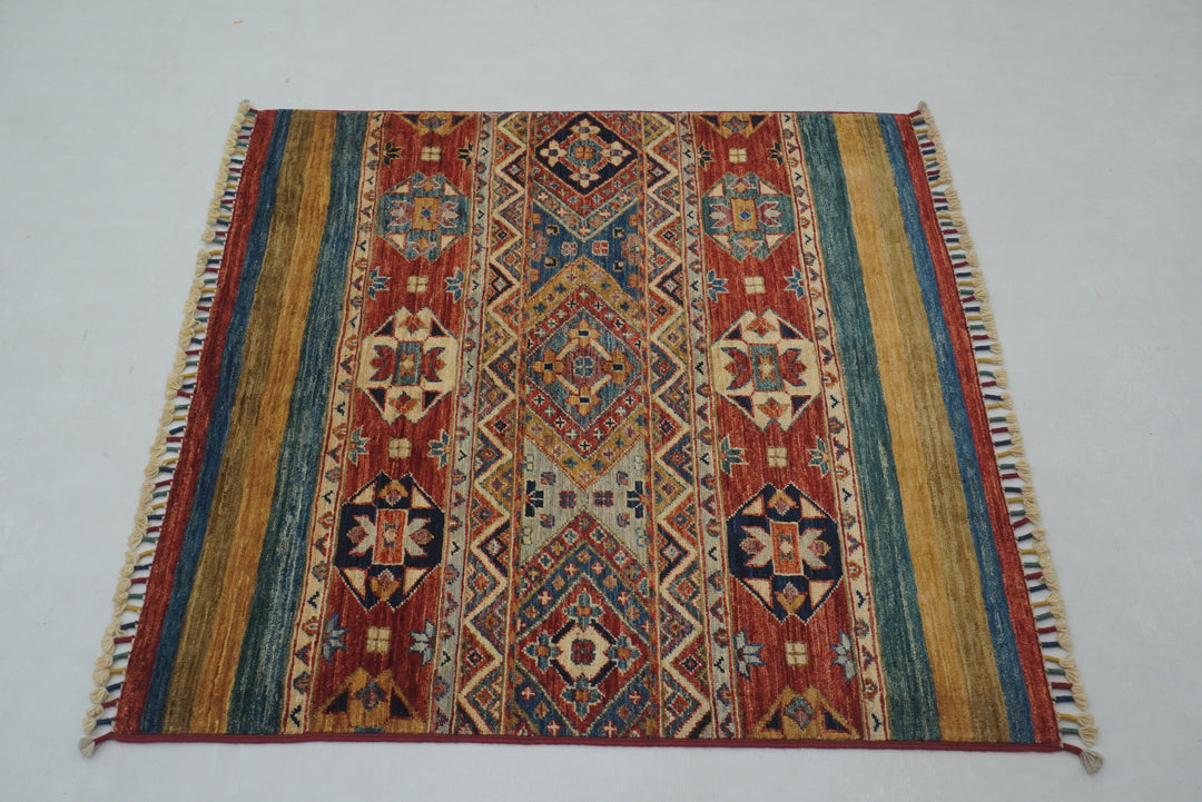 3x3 Red Tribal Afghan Hand Knotted Square Rug