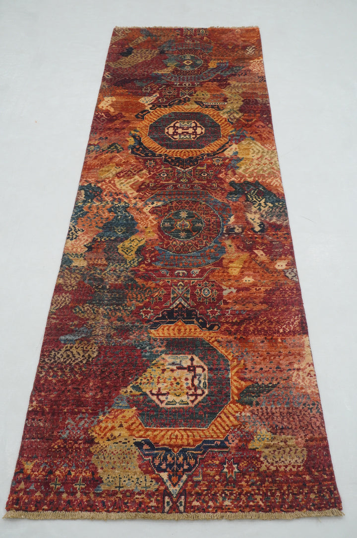 8 ft Red Mamluk Afghan Hand knotted Modern Runner Rug