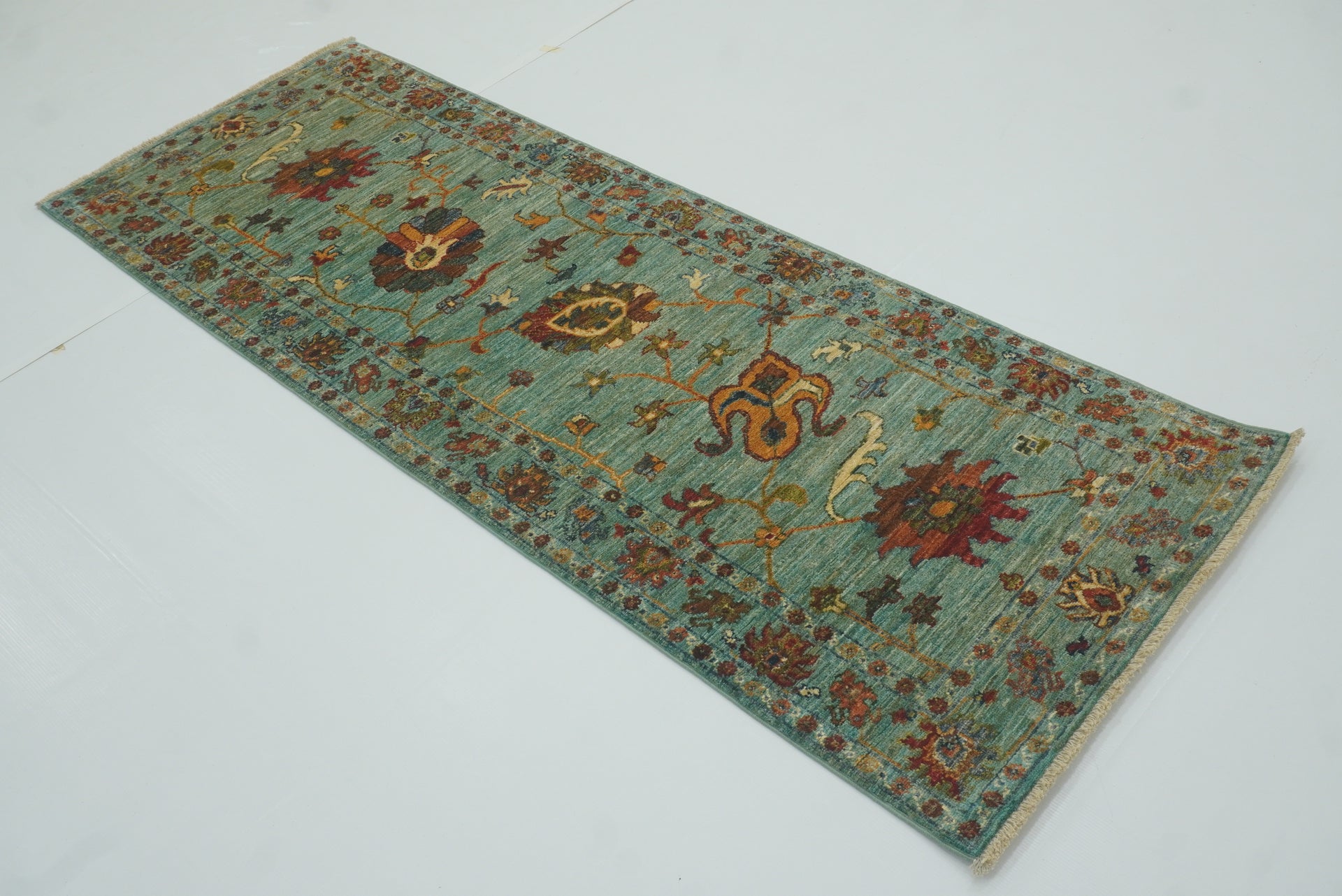 7 ft Blue Waziri Afghan Hand-Knotted Wool Runner Rug